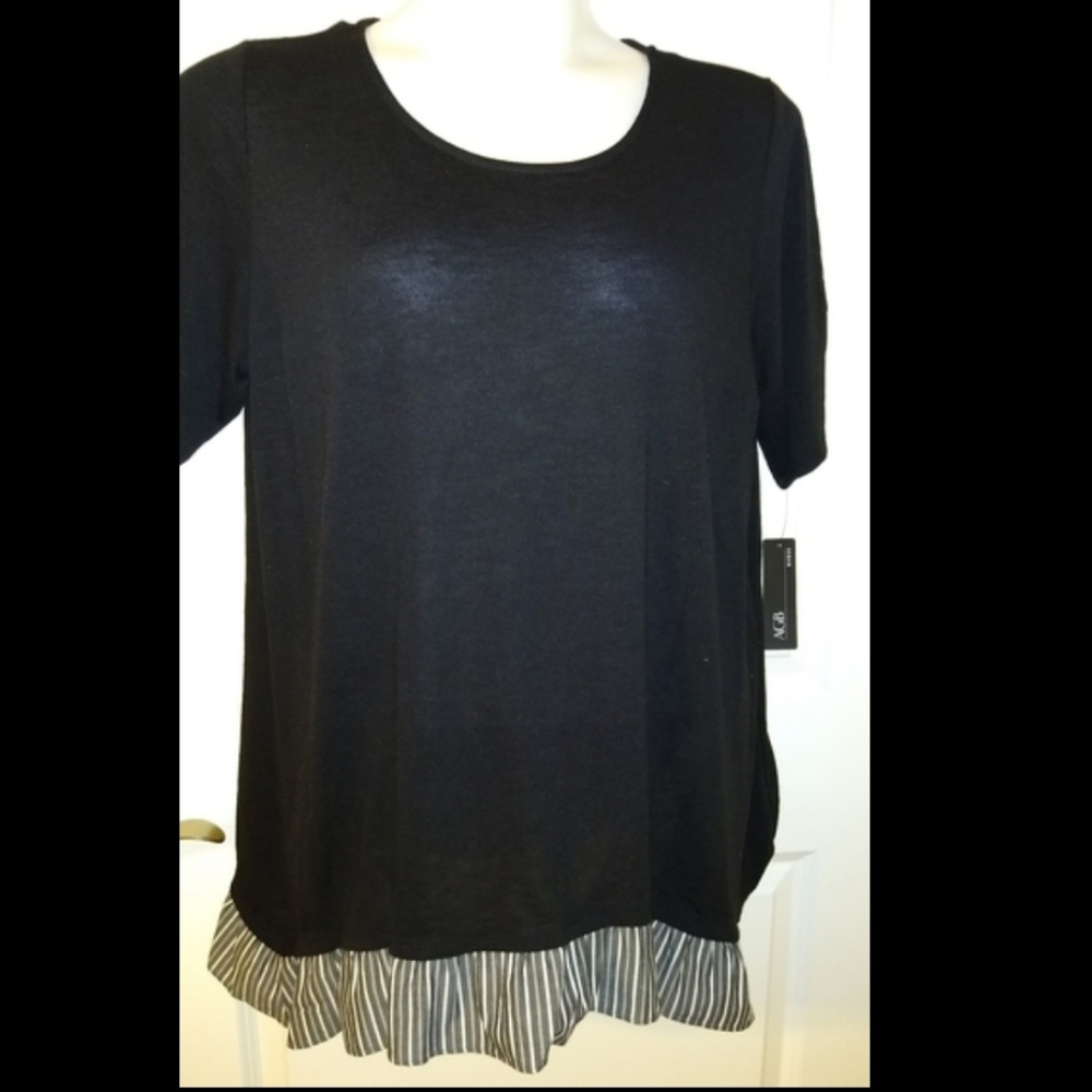NEW PLUS AGB Black White & Black Striped Ruffle Shirt Top PLUS Lady's 2X